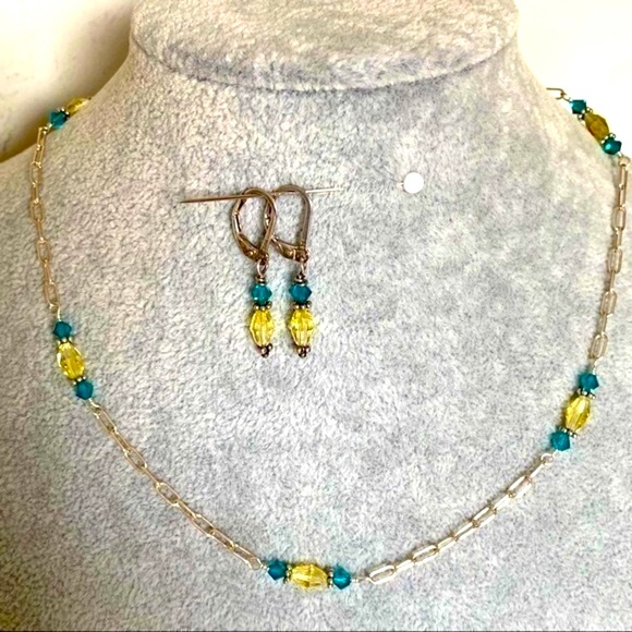 Artisan 925 Silver delicate chain turquoise crystal beaded choker necklace NEW - Picture 1 of 16